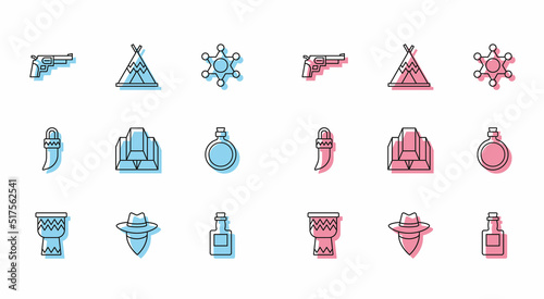 Set line Drum, Cowboy, Revolver gun, Tequila bottle, Gold bars, Canteen water, Tooth and Indian teepee or wigwam icon. Vector