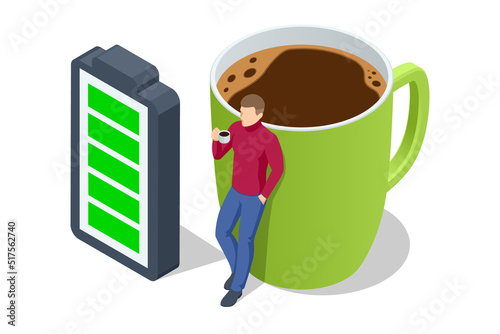 Isometric Coffee Time, Energy From Coffee. Caffeine Addicted Person Charging Battery.