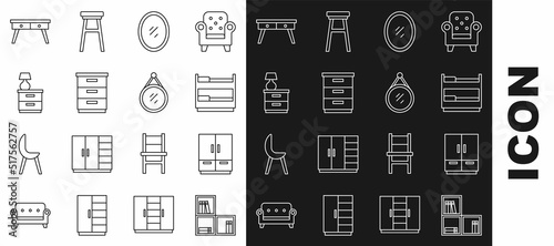 Set line Shelf with books, Wardrobe, Bunk bed, Mirror, Furniture nightstand, lamp, Office desk and icon. Vector