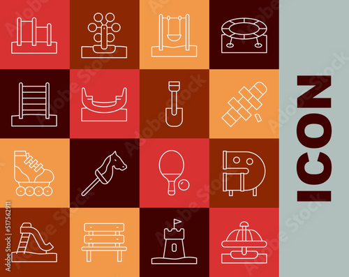 Set line Attraction carousel, Kid playground slide pipe, Hopscotch, Swing, Boat swing, Swedish wall, Horizontal bar and Shovel toy icon. Vector