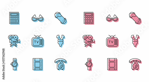 Set line Wrist watch, Play Video, Calculator, Telephone handset, Retro tv, Swimsuit, cinema camera and Glasses icon. Vector