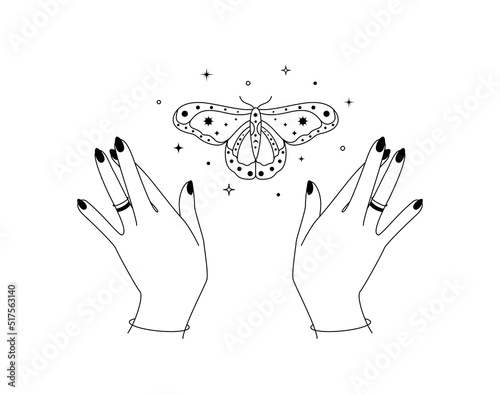 Magic hands with night moth outline. Esoteric and mystical butterfly wings for branding or logo cosmetics beauty products and witchcraft in simple linear style. Doodle line art Vector illustration