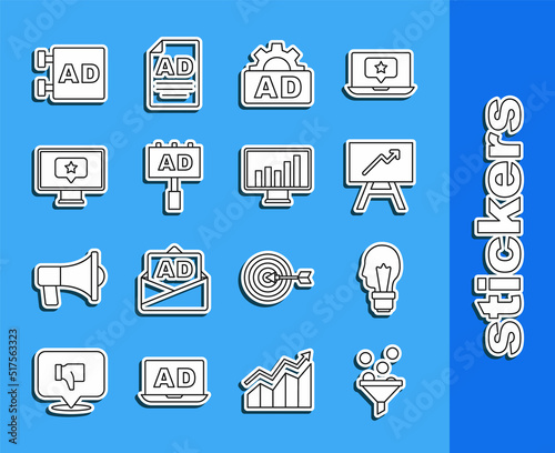 Set line Lead management, Light bulb with concept of idea, Board graph chart, Advertising, Monitor star, and icon. Vector