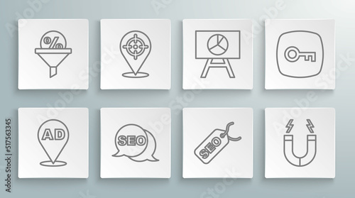 Set line Advertising, Target, SEO optimization, Magnet, Board with graph chart, Key and Lead management icon. Vector