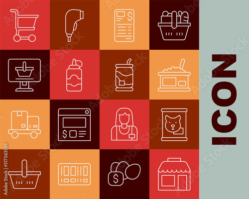 Set line Market store, Canned food, Tin can with caviar, Paper financial check, Sauce bottle, Shopping cart on computer, and Soda icon. Vector