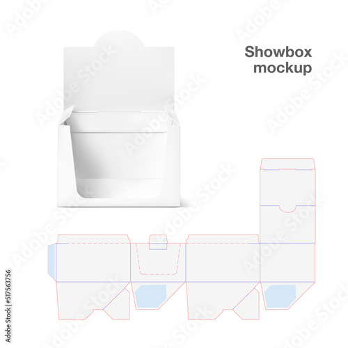 Show box mockup with a blueprint. Vector illustration isolated on white background. Ready for the presentation of your design and production. EPS10. photo