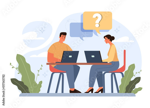 Question concept. Confused character in doubt with big question