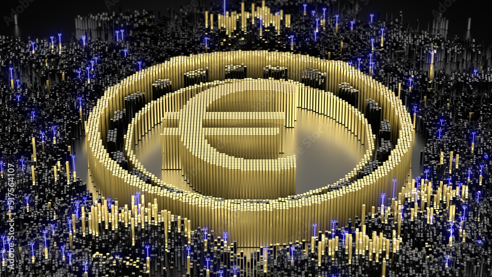 Euro symbol in an abstract microstructure of black and gold blocks. 3d rendering image. Futuristic concept art.