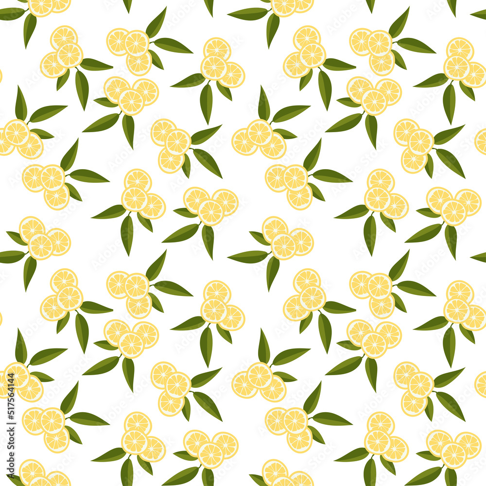 Vector seamless pattern with lemons and leaves. On a white background