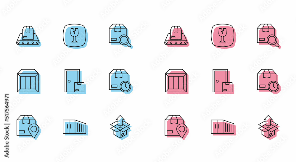 Set line Location with cardboard box, Container, Conveyor belt, Unboxing, Home delivery services, Cardboard clock, Carton and Fragile broken glass icon. Vector Set line Location with cardboard box, Container, Conveyor belt, Unboxing, Home delivery services, Cardboard clock, Carton and Fragile broken glass icon. Vector