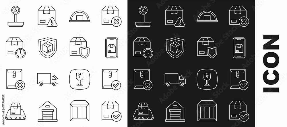 Set line ackage box with check mark, Envelope and, Mobile app delivery tracking, Warehouse, Delivery security shield, Cardboard clock, Scale and icon. Vector