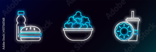Set line Paper glass with drinking straw and donut, Bottle of water burger and Popcorn bowl icon. Glowing neon. Vector