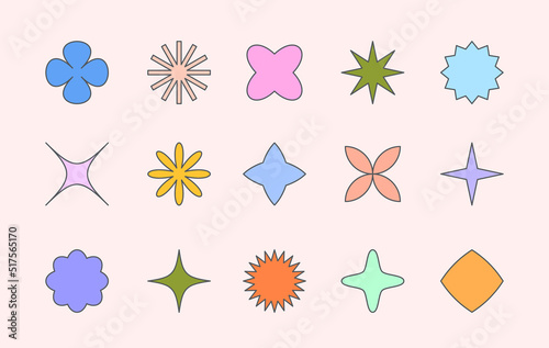 Vector set of colorful fun patches,stickers,geometric shapes in 90s style.Abstract icons or symbols in y2k aesthetic.Trendy kidcore designs for banners,social media marketing,branding,packaging,covers