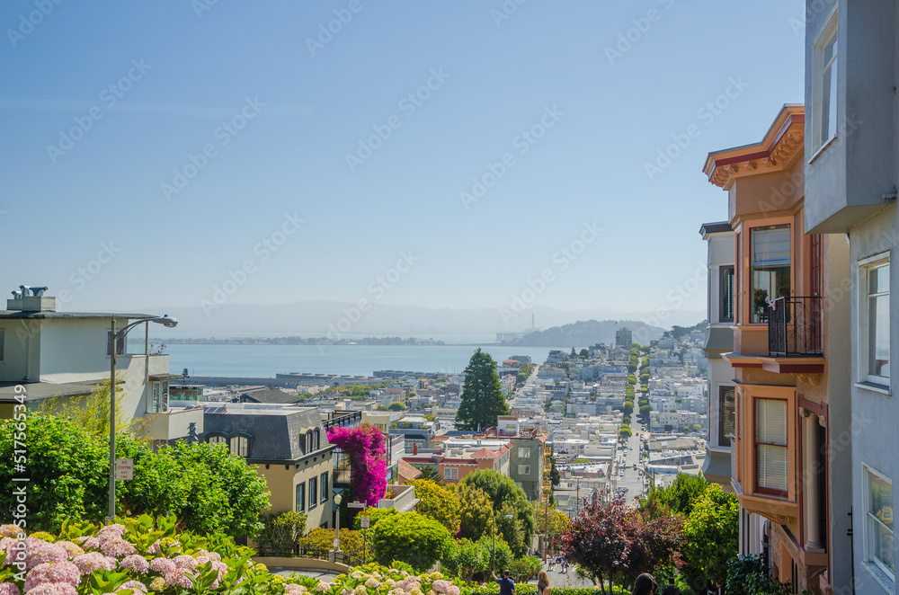 San Francisco, CA, USA - June 24, 2015: Lombard Street is an east-west street in San Francisco, California. The street is known as the most crooked street in the world