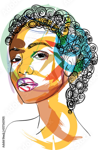 Line Art Woman Face Drawing. Black Woman. Afro American Female Logo