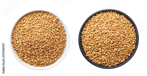 organic wheat in a ceramic plate isolated on white background top view.