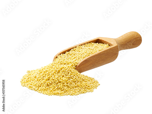 Small wooden spoon or scoop with organic grains of millet isolated on white background.