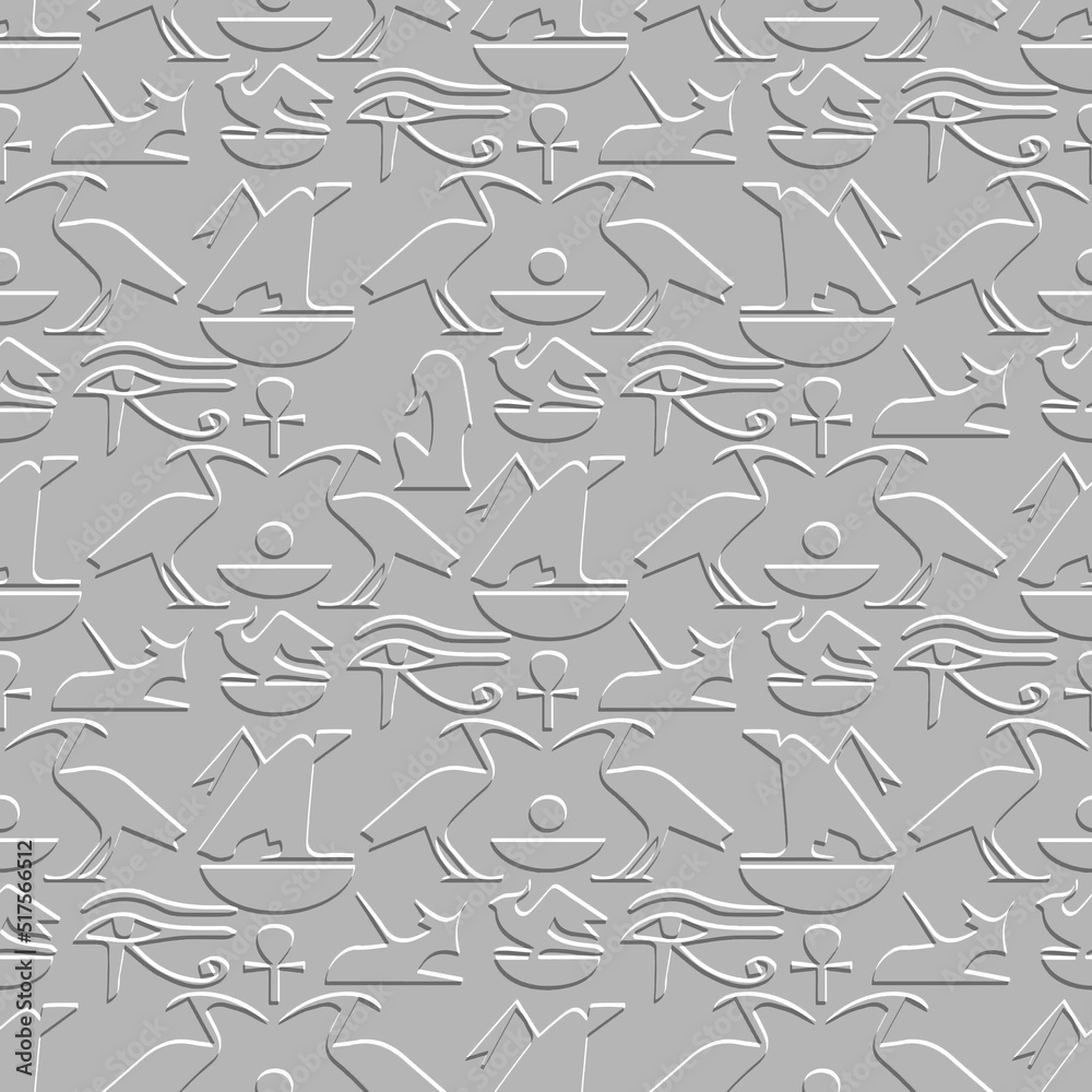 Textured old style 3d egyptian seamless pattern. Emboss white grunge egyptian backdround. Relief rough repeat vector backdrop. Egyptian eyes, symbols, signs, hieroglyphs, birds, animals silhouettes