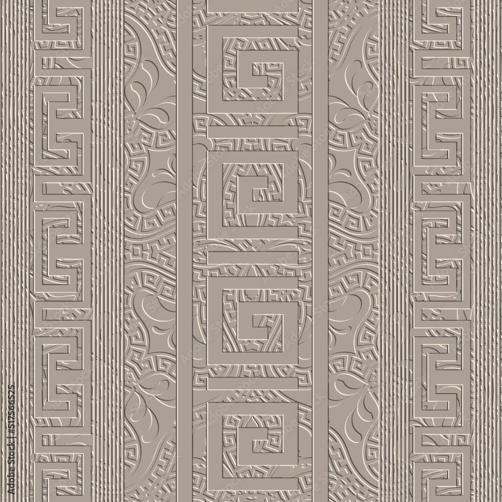 Greek emboss 3d seamless pattern. Grunge textured floral vector background. Relief tribal ethnic surface embossed ornaments with vertical greek key meander borders, stripes, lines, paisley flowers