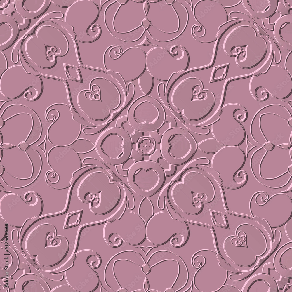 Pink Paisley seamless pattern. Emboss patterned floral background. Vector ethnic style embossed paisley flowers. Repeat colorful relief ornaments. Decorative design. Endless surface grunge texture