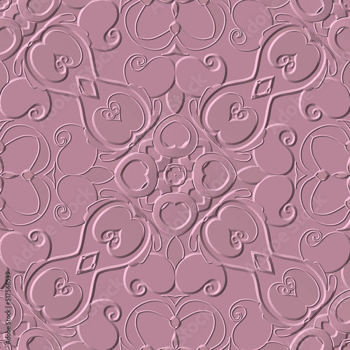 Pink Paisley seamless pattern. Emboss patterned floral background. Vector ethnic style embossed paisley flowers. Repeat colorful relief ornaments. Decorative design. Endless surface grunge texture