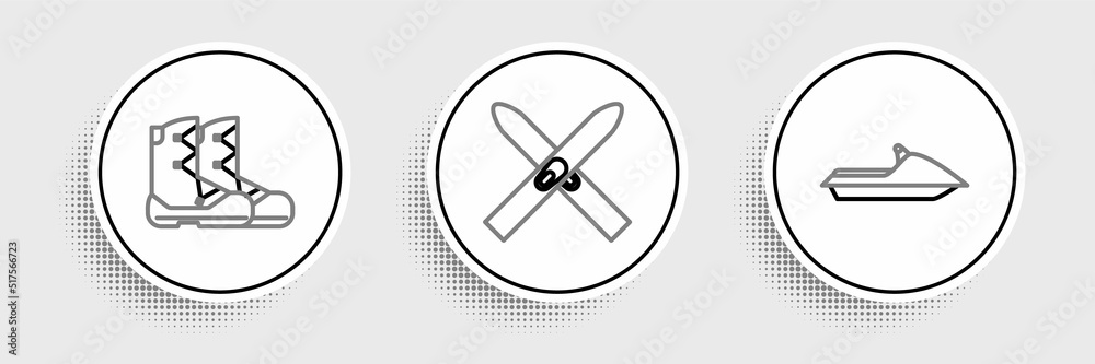 Set line Jet ski, Boots and Ski and sticks icon. Vector Set line Jet ski, Boots and Ski and sticks icon. Vector