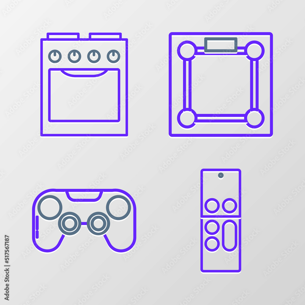 Set line Remote control, Gamepad, Bathroom scales and Oven icon. Vector Set line Remote control, Gamepad, Bathroom scales and Oven icon. Vector