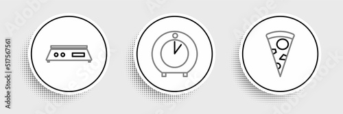 Set line Slice of pizza, Electronic scales and Kitchen timer icon. Vector
