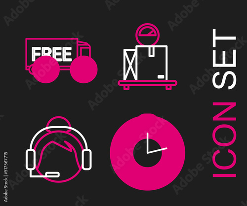 Set line Stopwatch, Support operator in touch, Scale with cardboard box and Free delivery service icon. Vector