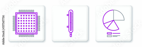Set line Pie chart infographic, Processor and Meteorology thermometer measuring icon. Vector