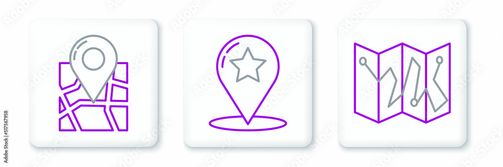 Set line Folded map with location marker, and Map pointer star icon. Vector