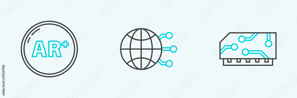 Set line RAM, random access memory, Ar, augmented reality and Global technology social network icon. Vector Set line RAM, random access memory, Ar, augmented reality and Global technology social network icon. Vector