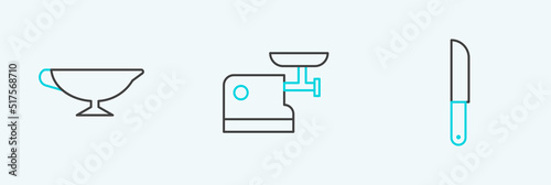 Set line Knife, Sauce boat and Kitchen meat grinder icon. Vector