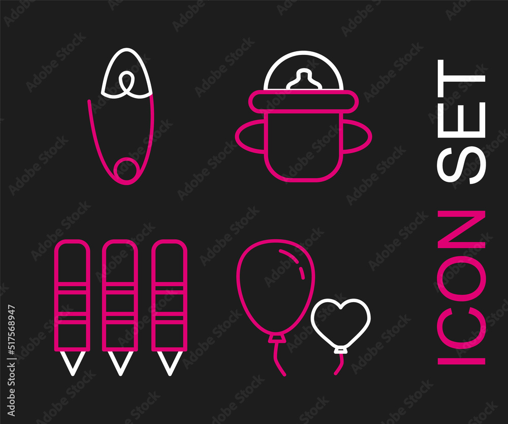 Set line Balloons in form of heart, Wax crayons drawing, Baby bottle and Classic steel safety pin icon. Vector