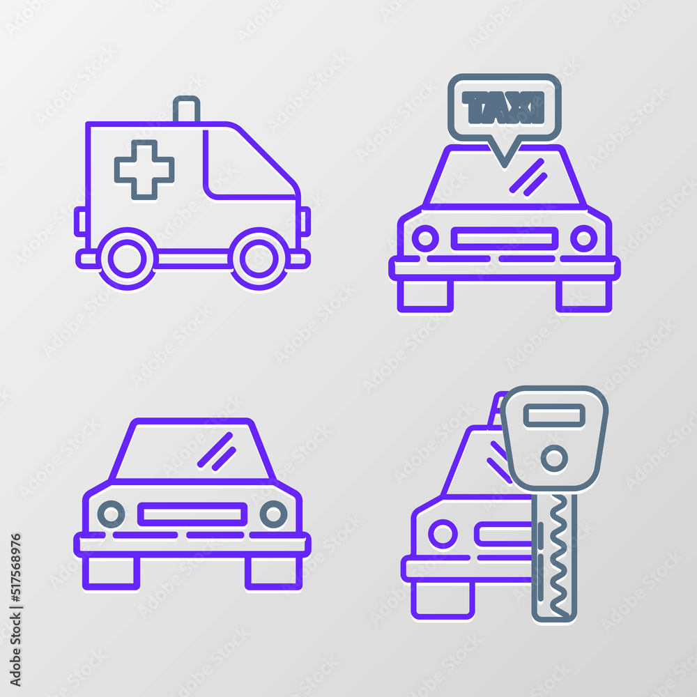 Set line Car rental, Taxi car and Ambulance and emergency icon. Vector Set line Car rental, Taxi car and Ambulance and emergency icon. Vector