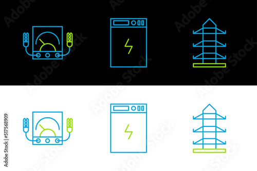 Set line High voltage power pole line, Ampere meter, multimeter, voltmeter and Power bank icon. Vector