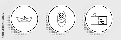 Set line Piece of puzzle, Folded paper boat and Newborn baby infant swaddled icon. Vector
