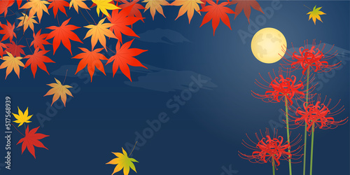 彼岸花と紅葉と満月_風景（2：1）_ベクターイラスト