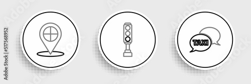 Set line Taxi call telephone service, Map pointer with taxi and Traffic light icon. Vector