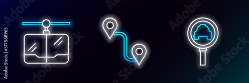 Set line Magnifying glass and taxi car, Cable and Route location icon. Glowing neon. Vector