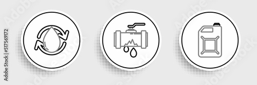 Set line Canister for gasoline, Oil drop and Broken metal pipe with leaking water icon. Vector