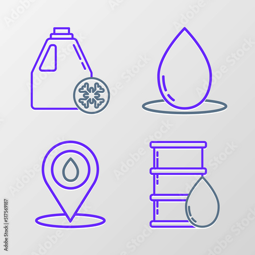 Set line Barrel oil, Refill petrol fuel location, Oil drop and Antifreeze canister icon. Vector
