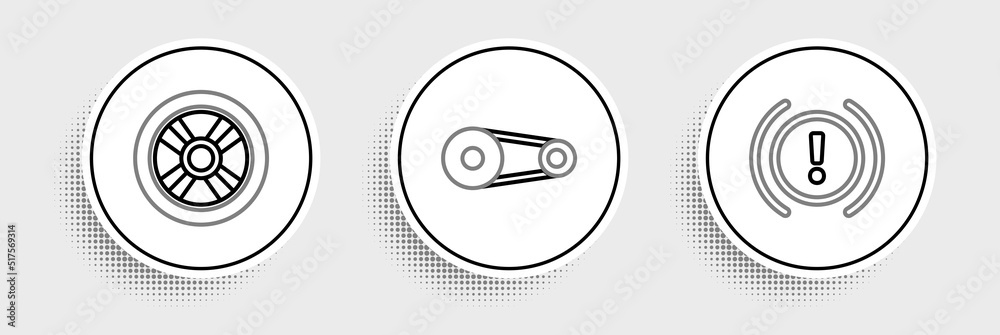 Set line Brake system warning, Car wheel and Timing belt kit icon. Vector Set line Brake system warning, Car wheel and Timing belt kit icon. Vector