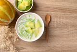 Thai dessert (Lod Chong), Rice flour jelly pandan flavor with Thai melon in coconut milk 