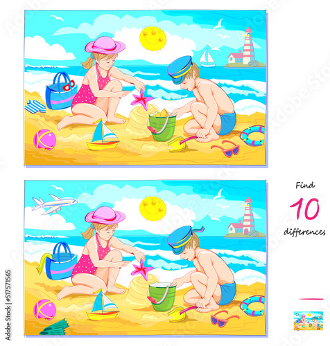 Find 10 differences. Illustration of kids playing in summer beach. Logic puzzle game for children and adults. Page for brain teaser book. Developing counting skills. Play online. Vector image.