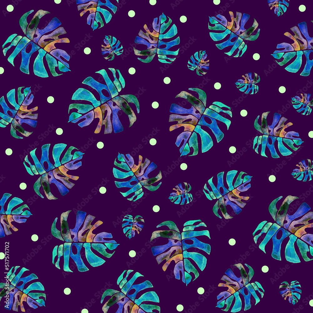 Naklejka premium Seamless exotic Monstera leaf with polka dots pattern illustration/ wallpaper/ background in fun color palette