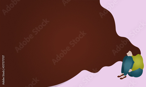 Flat illustration depicting depression - woman is in the far right hugging her knees and taking up as little space as possible