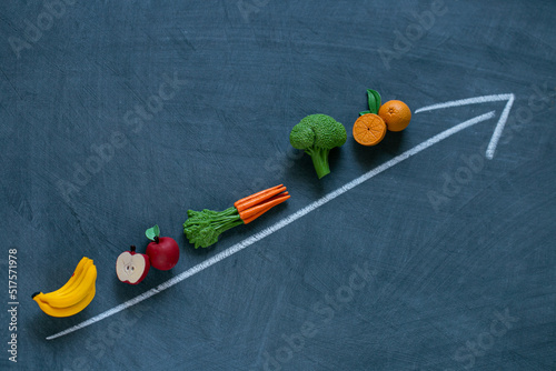 Rising food prices.Vegetables and fruits price increase.vegetables and fruits and up arrows on black chalk board background.Food prices. 