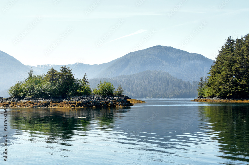Fototapeta premium An Alaskan landscape with mountains water trees and mist.