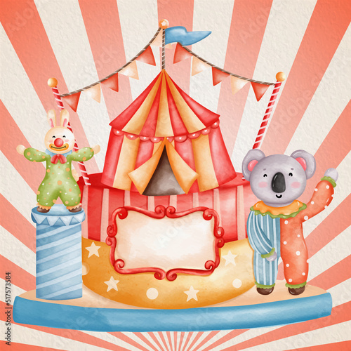 Watercolor hand painted Circus set. Colorful Circus watercolor illustrations of animals koala, bunny